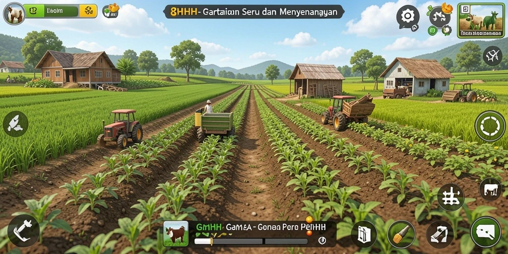Screenshot gameplay 8HHH menampilkan kebun yang rimbun dan hewan ternak.