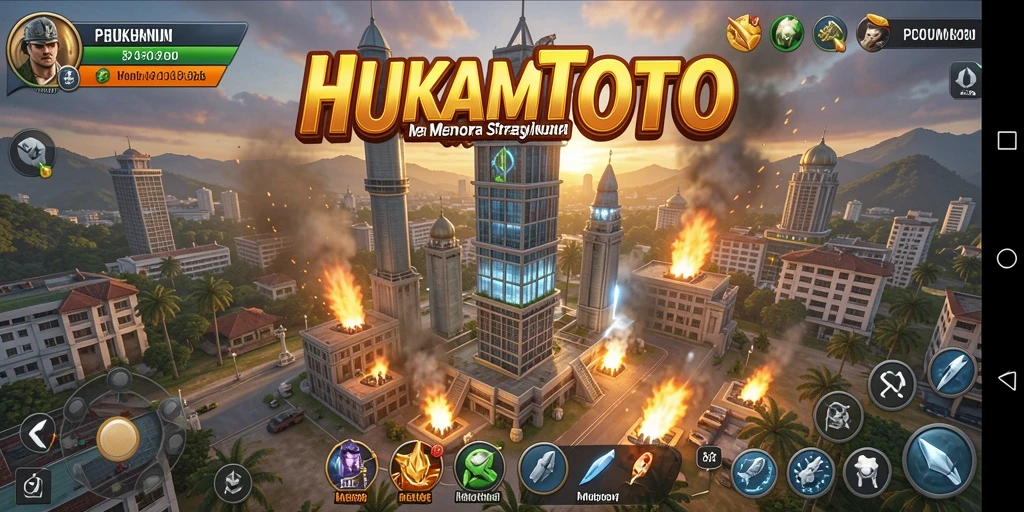 Tangkapan layar gameplay HUKUMTOTO menampilkan pertempuran menara pertahanan yang mendebarkan.