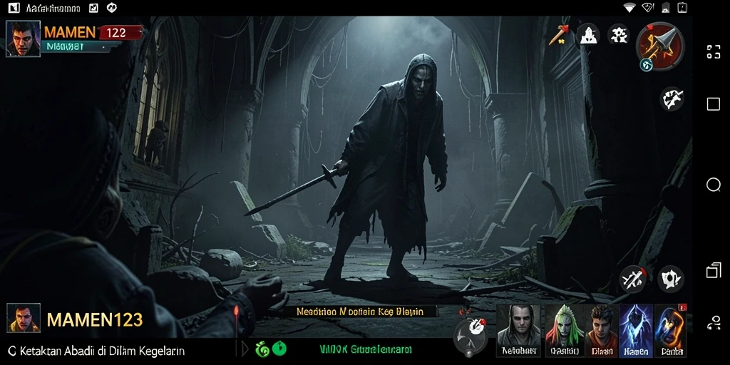 Screenshot gameplay MAMEN123 menampilkan suasana menyeramkan di lorong gelap.