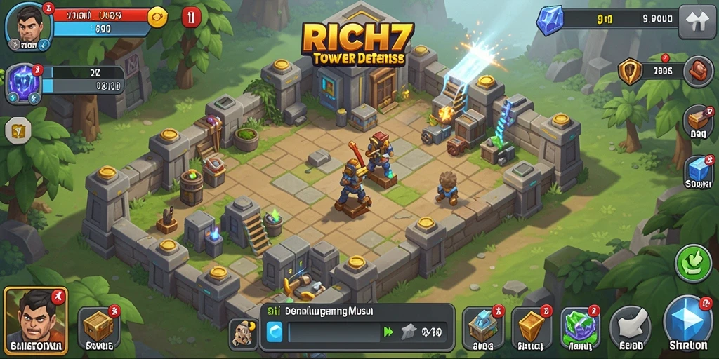 Tampilan gameplay RICH7 yang mendebarkan dalam peperangan Tower Defense.